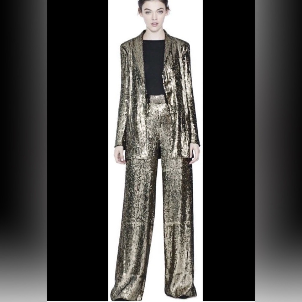 Alice + Olivia Sequin Pants Wide Leg Gold Black - Picture 3 of 11
